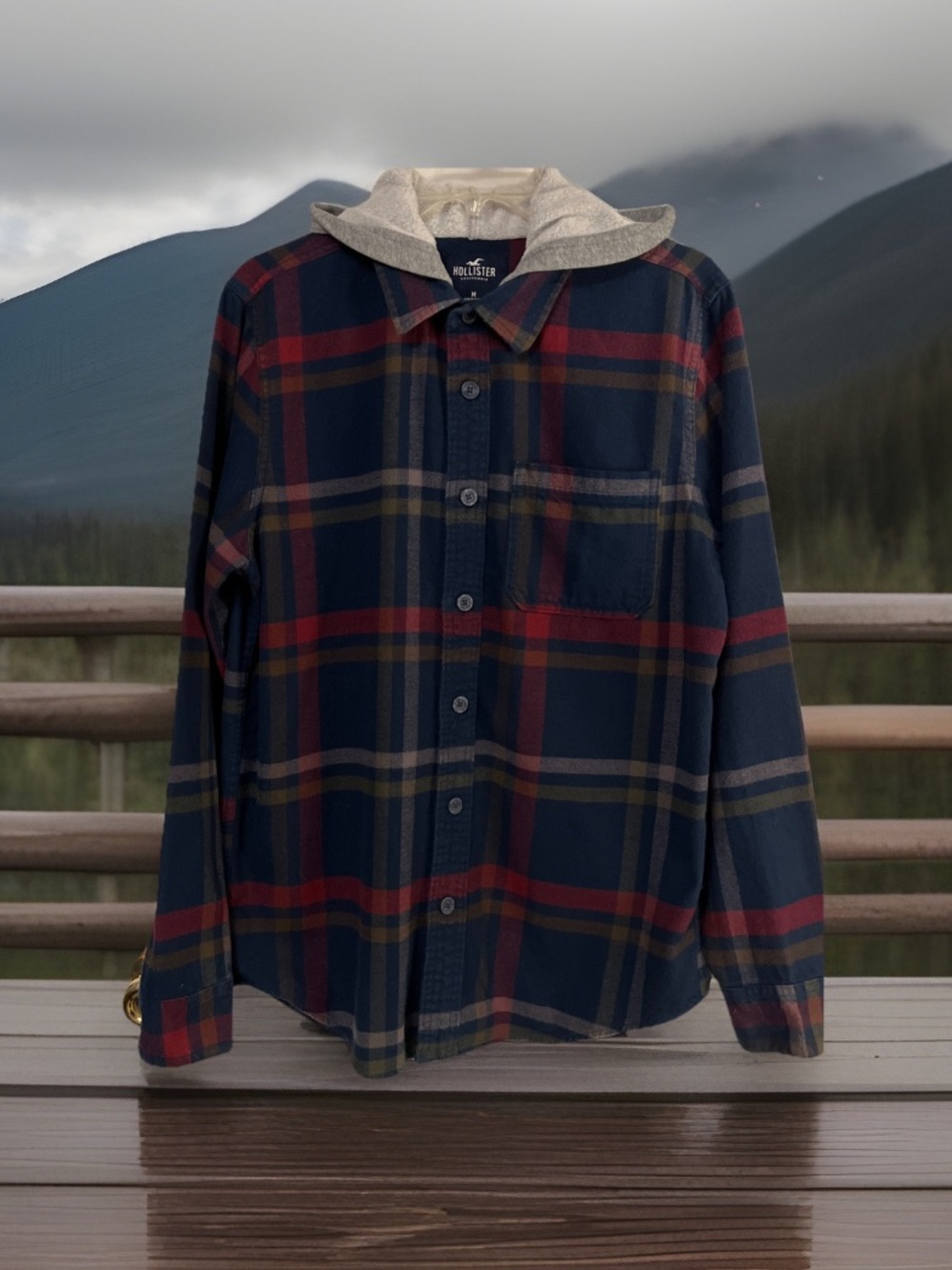 Hollister Hooded Button Up Shirt Jacket Men Navy Plaid Y2K Shacket Gray Hood Med